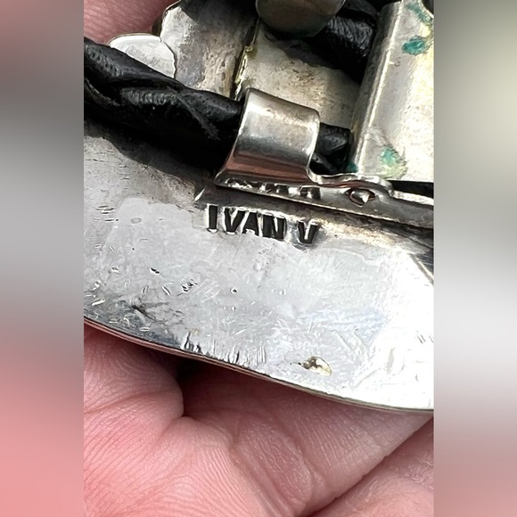 Ivan V Signed Navajo Handmade Sterling Silver Hand Painted Bear Fish Bolo Tie - Picture 9 of 9